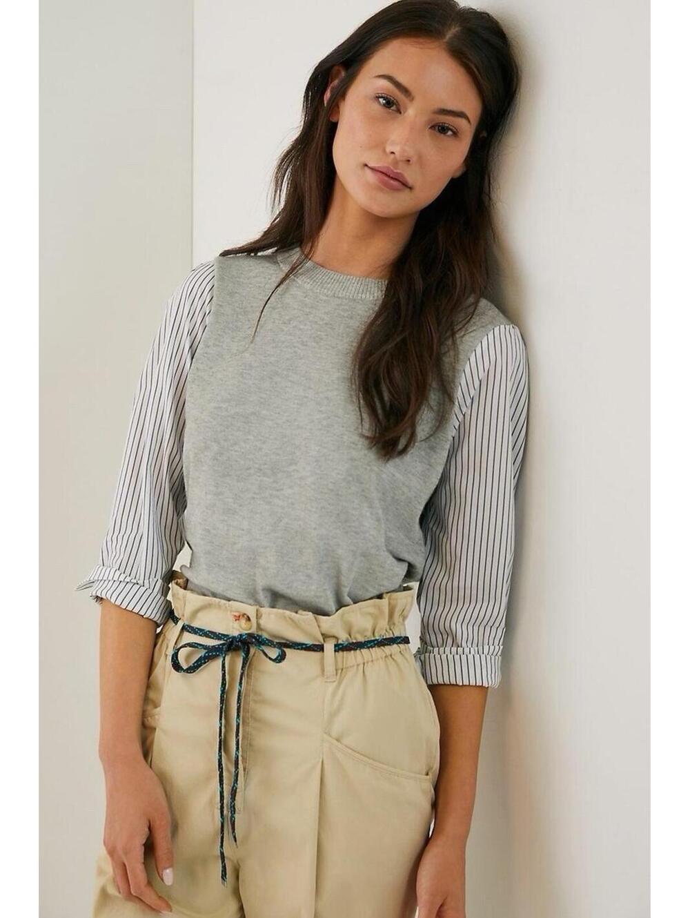 Anthropologie Laurence Contrast Grey Striped Top Size XS Business Casual Preppy